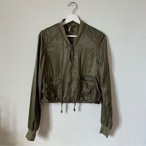 Free People Olive Satin Bomber Jacket Zip Front Cropped Size XS